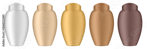 Set of cosmetic bottles for lotion or body milk. Brown, bronze, white, gold and beige bottles. Cream, shampoo, shower gel or body lotion