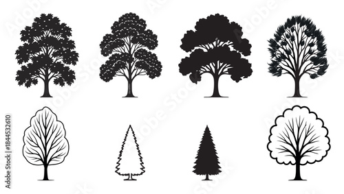 A collection of diverse tree silhouettes on a white background.