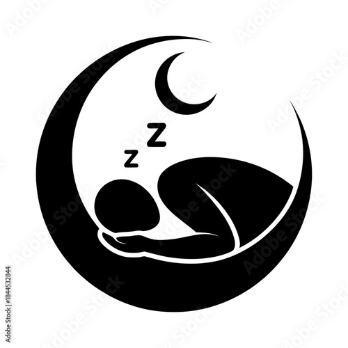 black silhouette sleeping person inside crescent moon with night rest concept