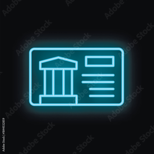 Blue neon icon of a bank card glowing on a black background