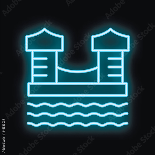 Blue neon icon of a bouncing bridge over water glowing on a black background