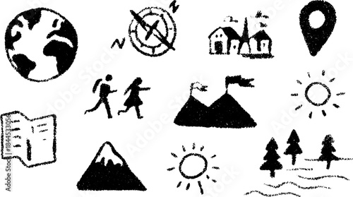 Illustration of a world map with a compass, mountains, hikers, and trees. Simple set depicting travel and exploration themes in a vector format.