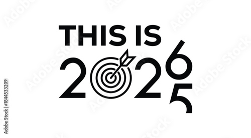Bold black “THIS IS 2026” typography design with stylized overlapping numbers and dynamic swoosh line, modern minimal New Year concept isolated on white background, perfect for event branding and prom