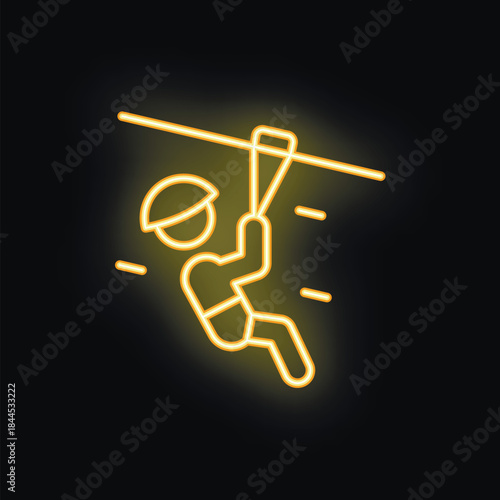 Bright yellow neon sign depicting a person zip lining, perfect for themes of outdoor recreation and adventure