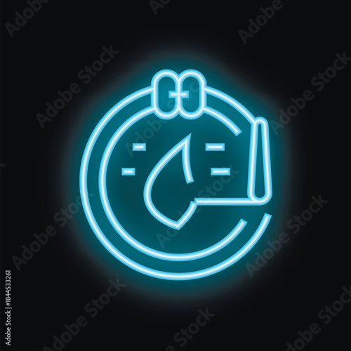 Blue neon icon of a smartwatch displaying a workout session with a timer and a dumbbell