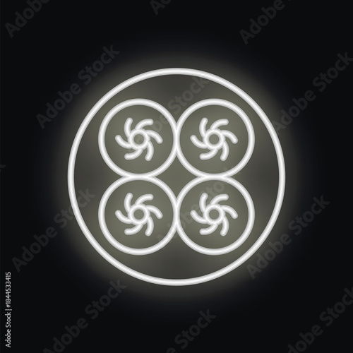 White glowing neon icon of a quadcopter drone with four spinning rotors on a black background