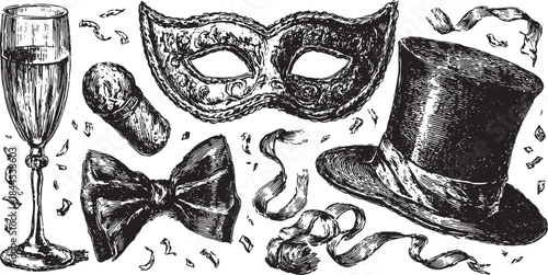Masquerade elements including a mask, glass, and bowtie in a black and white vector illustration. Features festive confetti and hat design in a celebration set.