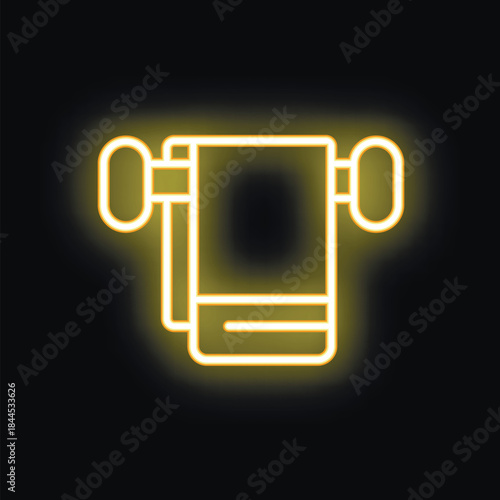 Glowing neon line towel on a hanger icon isolated on black background. Bathroom towel icon. Vector