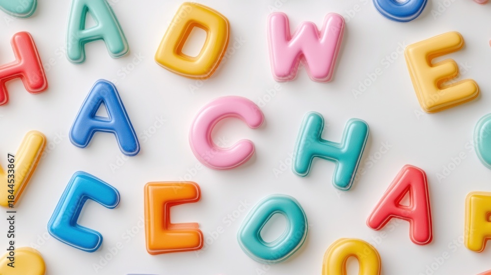 Obraz premium Colorful 3D alphabet letters scattered on a white background, vibrant and playful