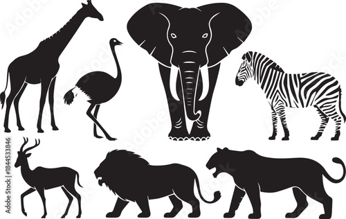 Collection of african safari animal silhouettes giraffe, ostrich, elephant, zebra, antelope, and lions