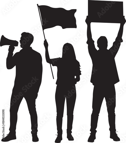 Silhouette of three protesters with megaphone flag and sign