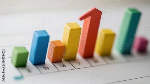 Colorful wooden bar chart indicating growth and progress, set against a white grid background
