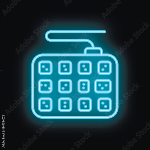 Blue neon sign of an electric extension cord with us sockets glowing on a black background