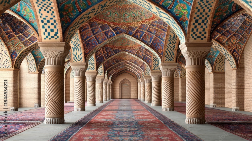 Obraz premium Ornate interior of an arched building with patterned ceilings, columns and a long red carpet