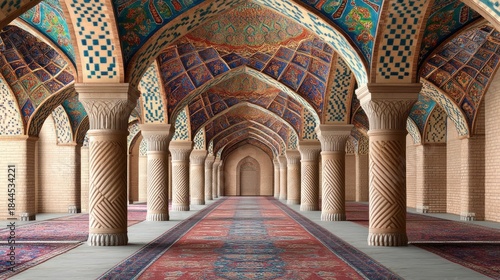 Ornate interior of an arched building with patterned ceilings, columns and a long red carpet