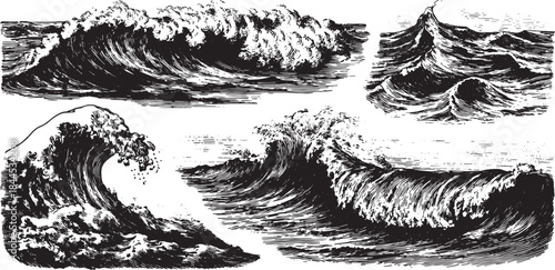 Vintage wave illustrations in black and white. Detailed ocean vector set showcasing various water forms in a cohesive art style.