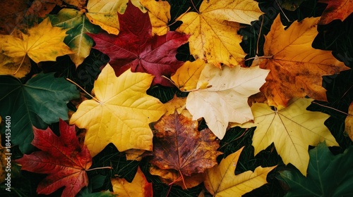 Vibrant autumnal maple leaves in various colors scattered on dark green grass