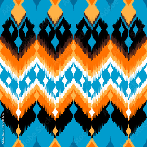 Ethnic ikat dye yarns weaving seamless pattern. Vector hand drawn craftsmanship, embroidery, bohemian, abstract geographic art fabric ikat textile material design for clothing, wallpaper, carpet	
