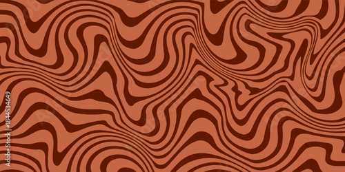 Retro coffee color background. Milk chocolate liquid dessert texture. Wavy swirl candy pattern for poster, cover, banner, pamphlet. Vintage brown trippy hippie wallpaper in 60s or 70s style. Vector