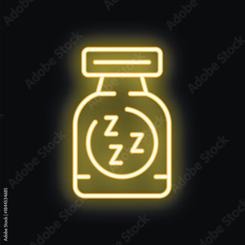 Neon glowing icon of a bottle of sleeping pills, promoting better sleep and relaxation