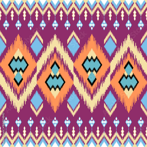Ethnic ikat dye yarns weaving seamless pattern. Vector hand drawn craftsmanship, embroidery, bohemian, abstract geographic art fabric ikat textile material design for clothing, wallpaper, carpet	
