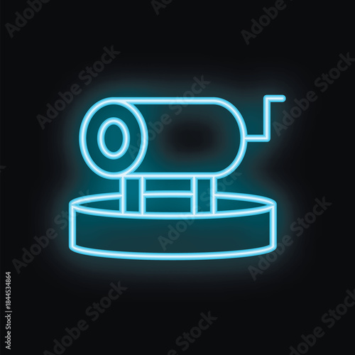 Blue neon icon of a water heater standing on a platform, on a black background