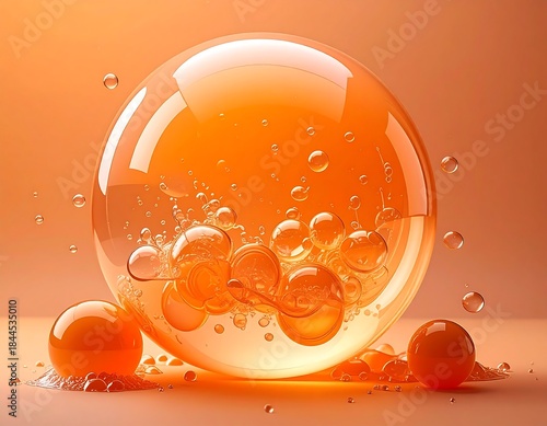 Orange-toned, glass-like sphere containing smaller spheres & bubbles. Liquid spills around a few spheres below it