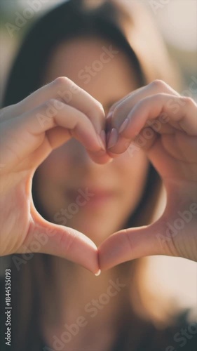 Blurred woman forming a heart with fingers for audience. Ideal for valentines day, love, relationships, greetings, romance, emotional concepts.