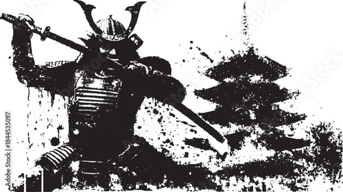 Samurai warrior with sword in a stylized, monochrome vector illustration. Features combat and honor, representing traditional Japanese culture in art form.