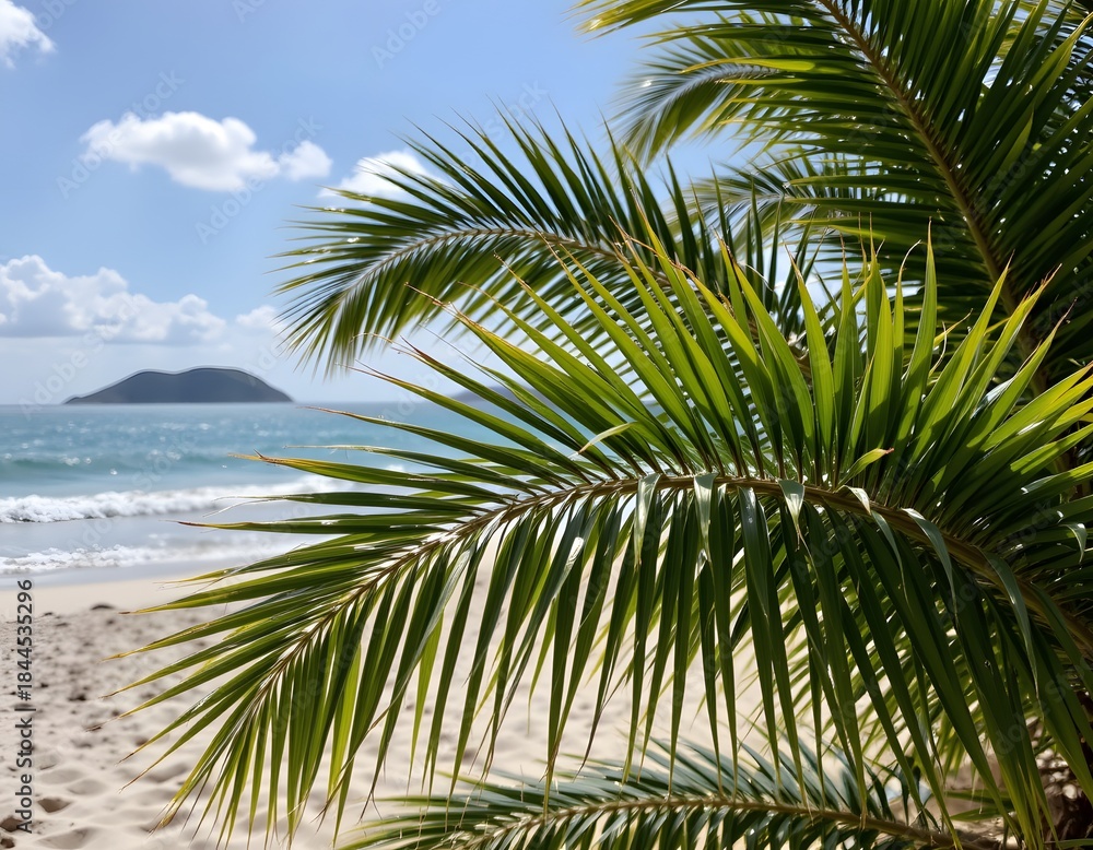 Obraz premium Tropical Beach With Palm Leaves Framing A Serene Island Landscape Under A Bright Sky