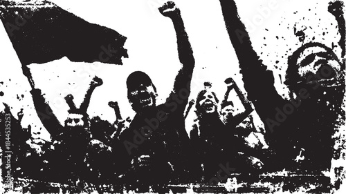 Protest demonstration with raised hands and flag. Black and white vector illustration depicting unity in a crowd.