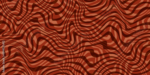 Retro coffee color background. Milk chocolate liquid dessert texture. Wavy swirl candy pattern for poster, cover, banner, pamphlet. Vintage brown trippy hippie wallpaper in 60s or 70s style. Vector