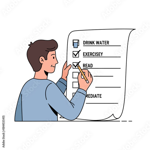 Smiling man checking off daily tasks on a personal habit checklist with a pencil.
