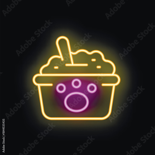 Glowing neon line icon representing a full food bowl for a pet, isolated on a black background, perfect for animal care businesses