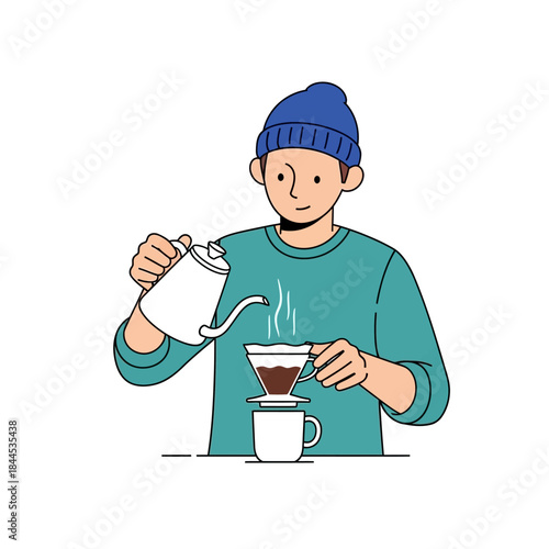 Young man in blue beanie brewing pour-over coffee with gooseneck kettle, minimalist illustration style.