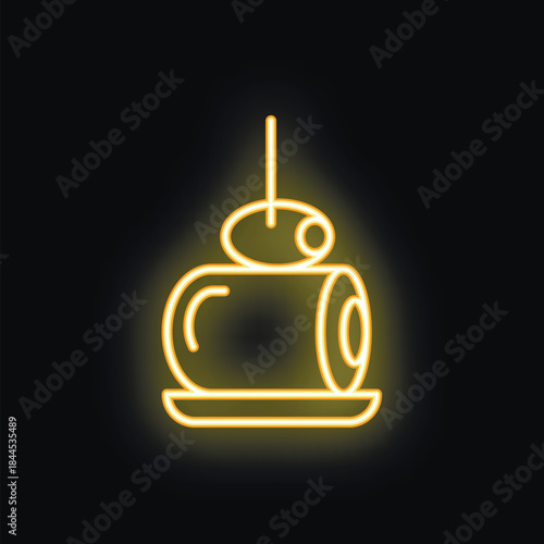 Yellow neon sign showing a spanish tapa with olive and meat roll on a toothpick