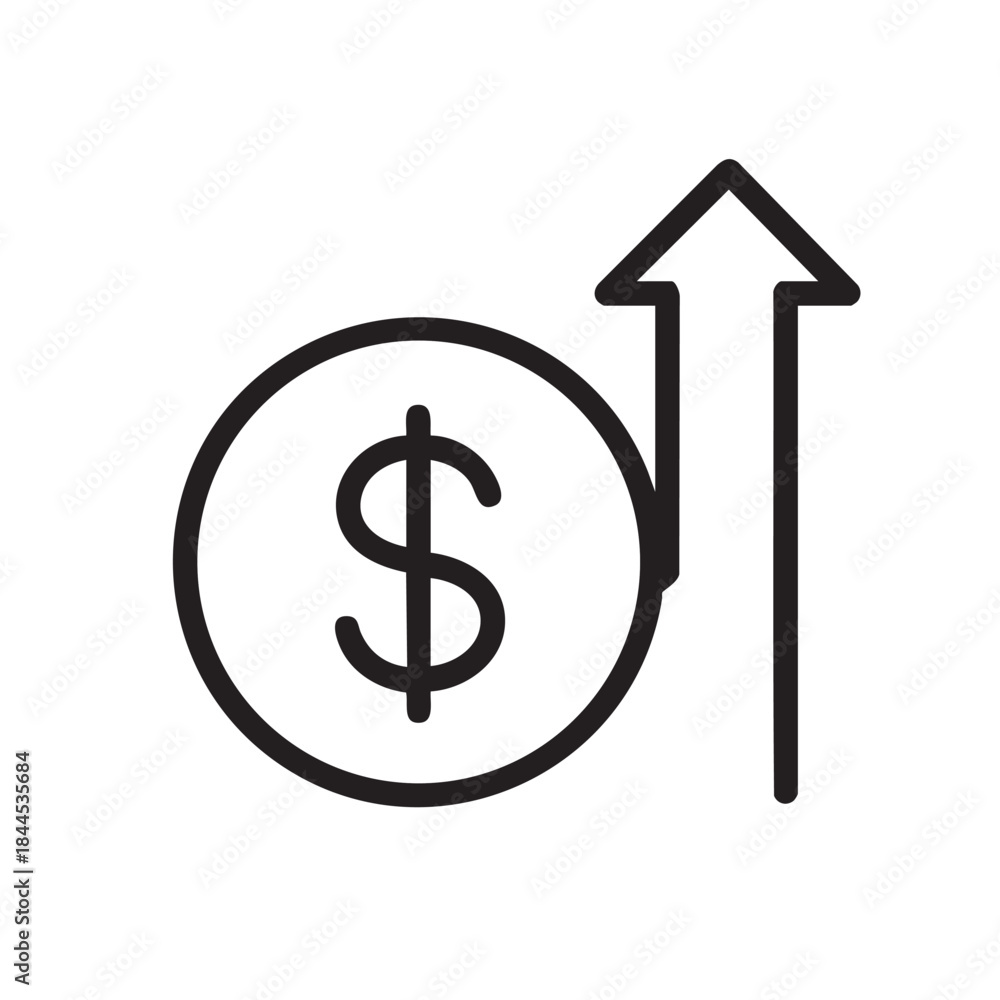 Obraz premium A simple black and white illustration depicts a dollar sign with an upward pointing arrow signifying growth