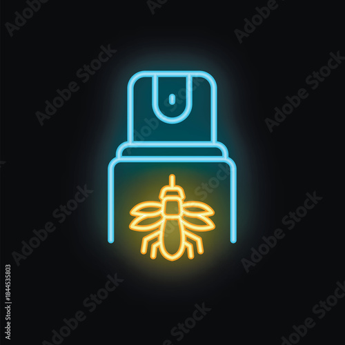 Neon sign of a mosquito repellent spray bottle glowing on a black background, representing pest control and insect protection