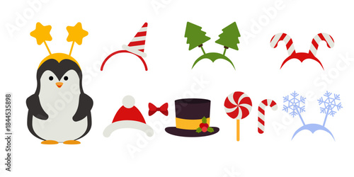 Set featuring cute penguin and collection of festive headwear: Santa hat, black top hat, Christmas tree, star, and snowflake headbands. Perfect for holiday cards and winter designs