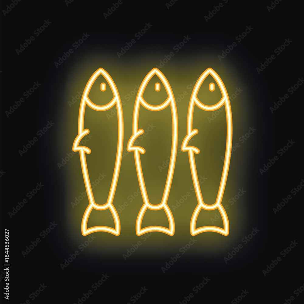 Obraz premium Minimalist illustration featuring three fish glowing in neon yellow on a black background, evoking a sense of vibrant simplicity