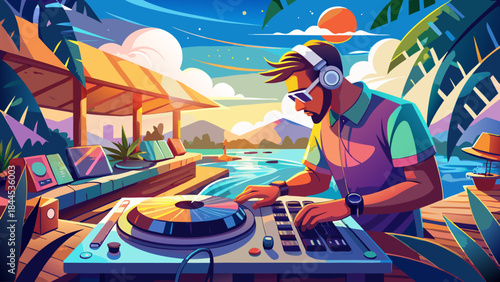 Very beautiful DJ mixing music with a controller at an outdoor summer pool party, lively atmosphere, sunshine reflections, modern lifestyle scene designed for vibrant vector illustration.