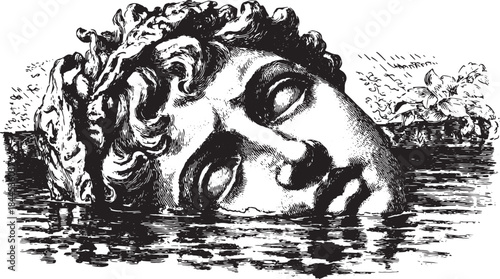 Stylized engraving of a classic head sculpture partially submerged in water. Detailed vector illustration with an elegant vintage style.