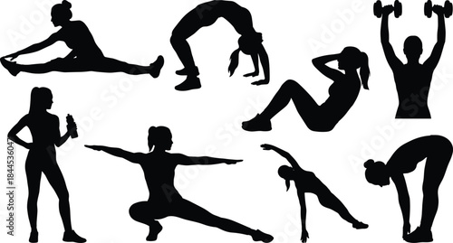 Women fitness workout silhouettes performing yoga, stretching, strength exercises isolated on white background healthy lifestyle vector illustration design concept set