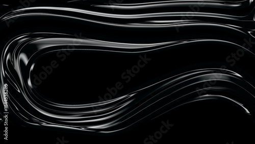 Abstract black and white close up of thick glossy paint strokes creating a dynamic wavy texture with highlights and shadows on a dark background