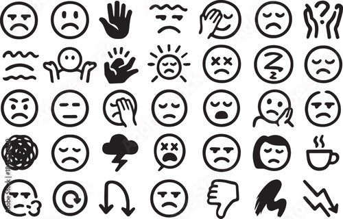Black and White Outline Icons of Frustration, Stress, and Sadness