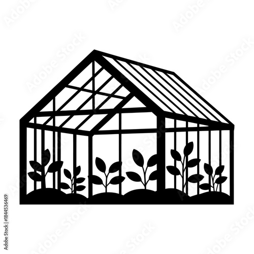 black silhouette greenhouse structure with growing plants symbolizing sustainable agriculture concept