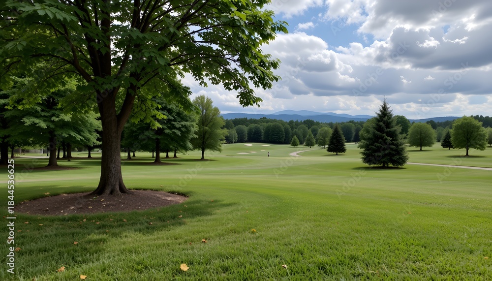 Naklejka premium Expansive Green Golf Course Landscape Under Dramatic Cloudy Sky in a Tranquil Natural Setting