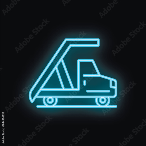 Blue neon icon of a tow truck glowing against a black background