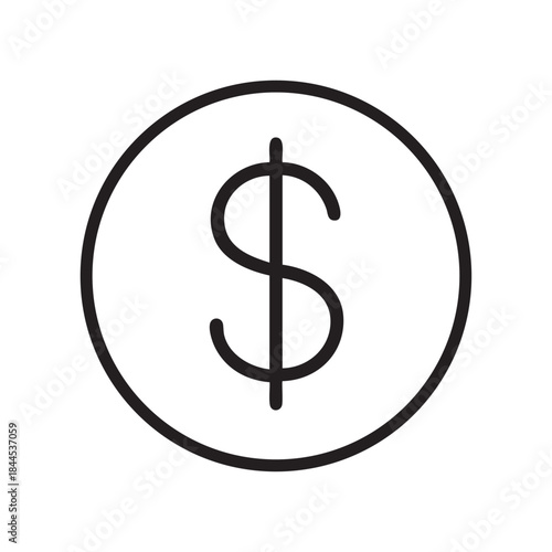 A simple black and white line drawing depicts a dollar sign enclosed within a circular frame signifying currency