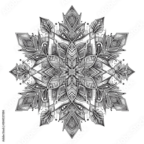Intricate mandala illustration with floral patterns and geometric designs in black and white